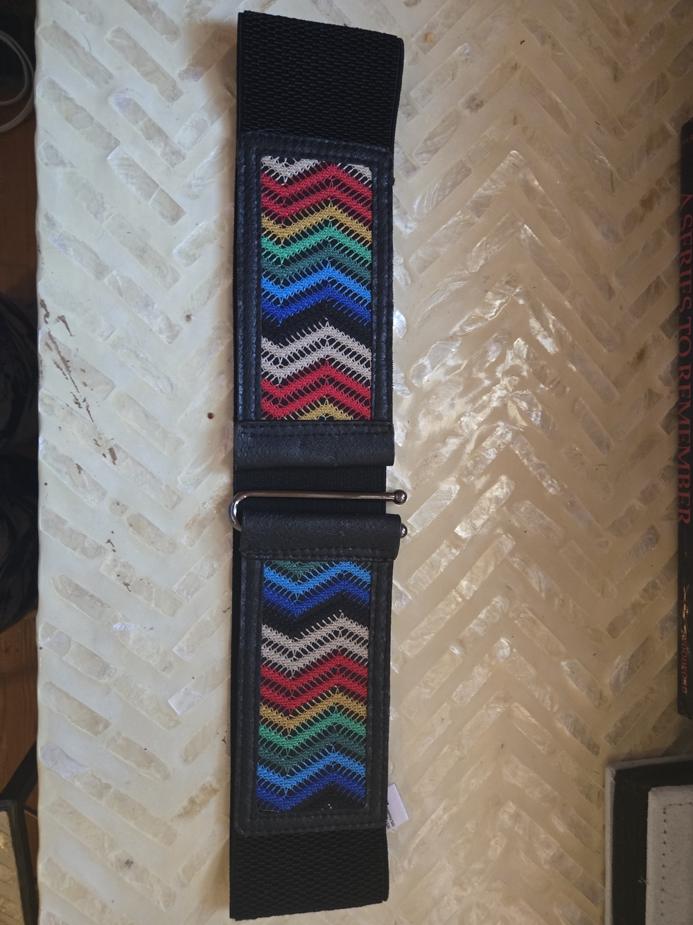 Black Elastic Belt with Multicolor Chevron Embroidery